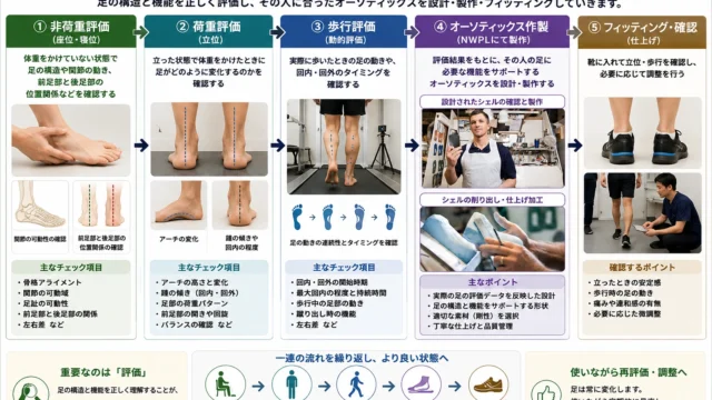 足の非荷重・荷重・歩行評価からNWPLでのオーソティックス作製までの流れ