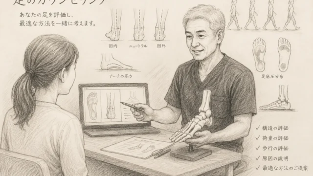 足のカウンセリングで足部の構造・荷重・歩行を評価するイメージ