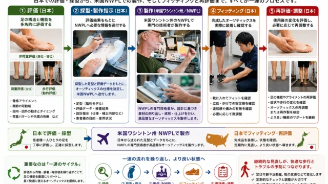 ALT:ファンクショナルオーソティックスの評価・作製・フィッティング・再評価の流れ