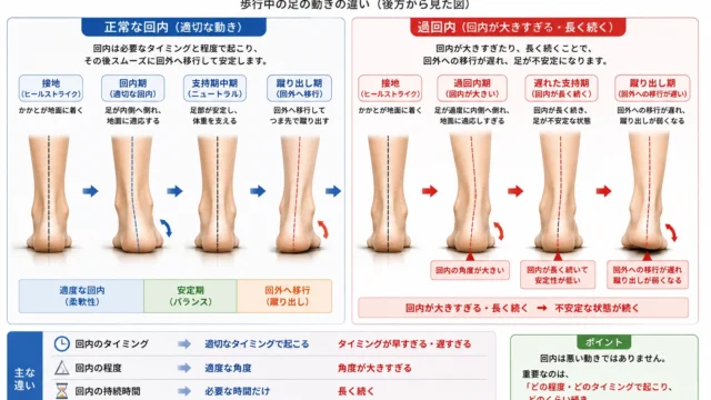 正常な回内と過回内の違いを比較した足の動き