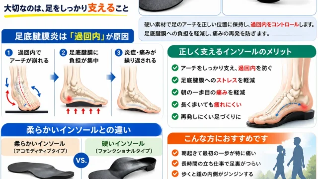 足底腱膜炎と過回内の関係、柔らかいインソールと硬いファンクショナルインソールの違いを説明した図。ファンクショナルインソールの表面と裏面も掲載。